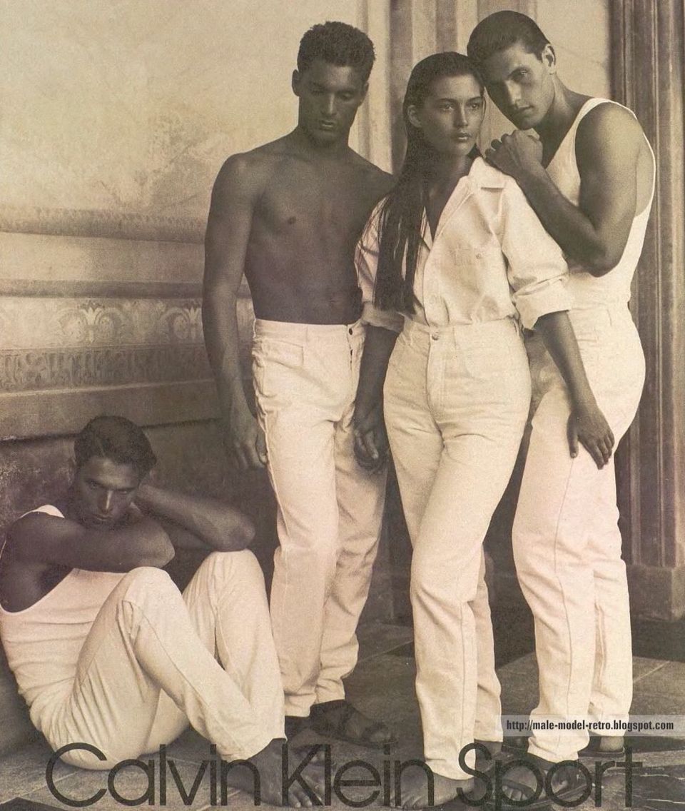 Black-and-white Calvin Klein campaign image reflecting the brand's minimalist, body-forward advertising style