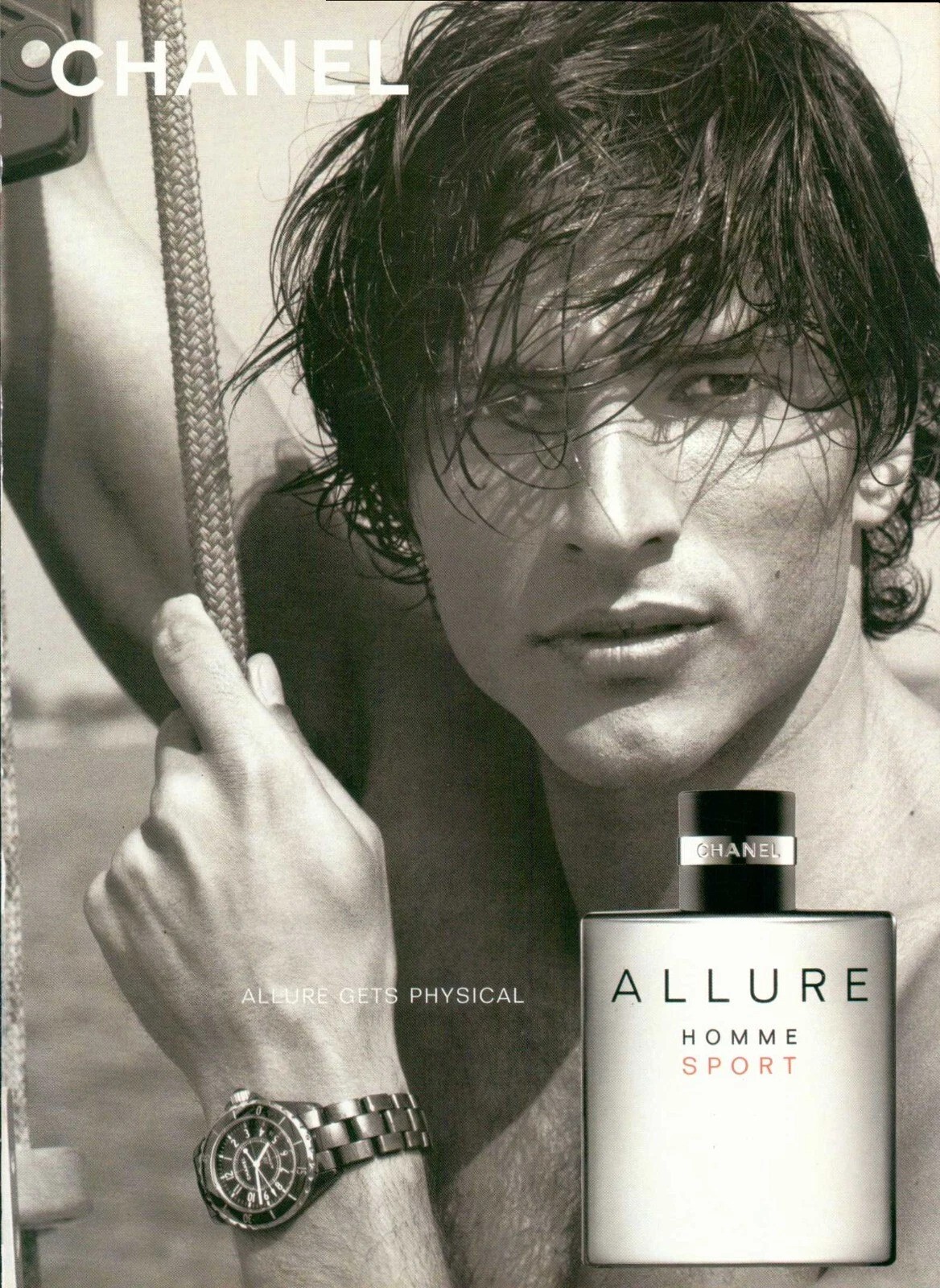 Chanel Allure Homme Sport men’s fragrance campaign photographed in monochrome studio lighting