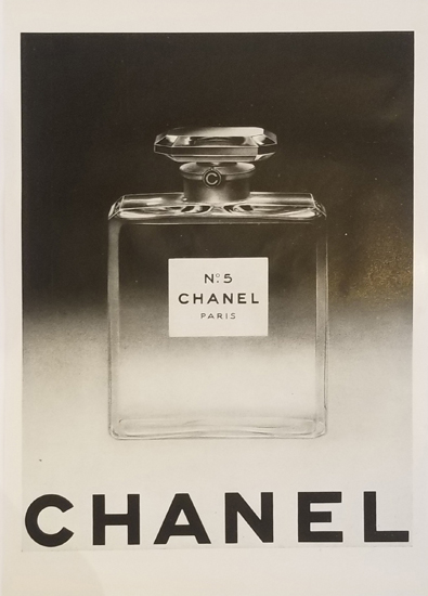 Chanel No. 5 classic print advertisement showing the rectangular bottle on a neutral background