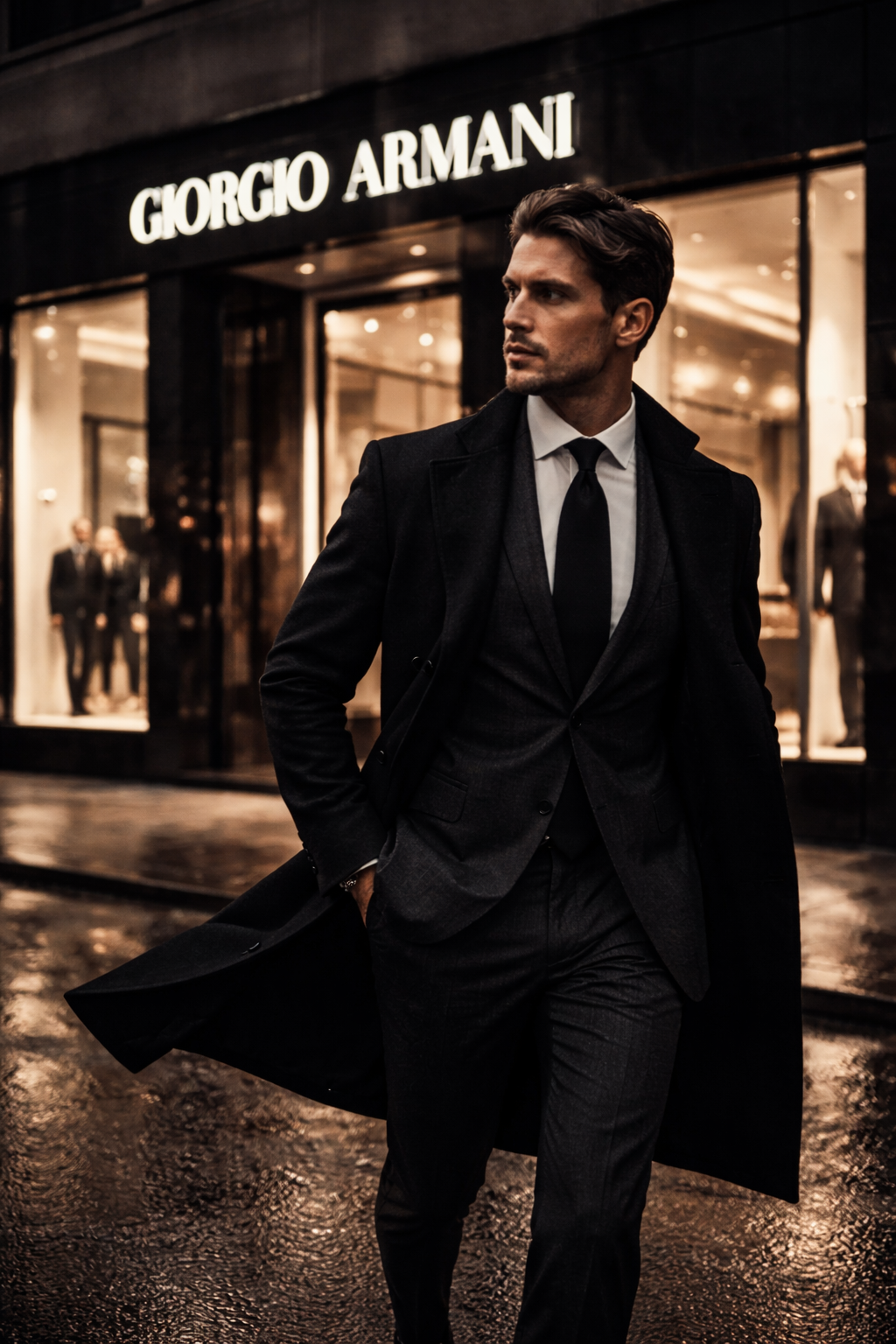 Man in a dark overcoat and suit walking past the Giorgio Armani boutique storefront at night, luxury menswear windows behind him