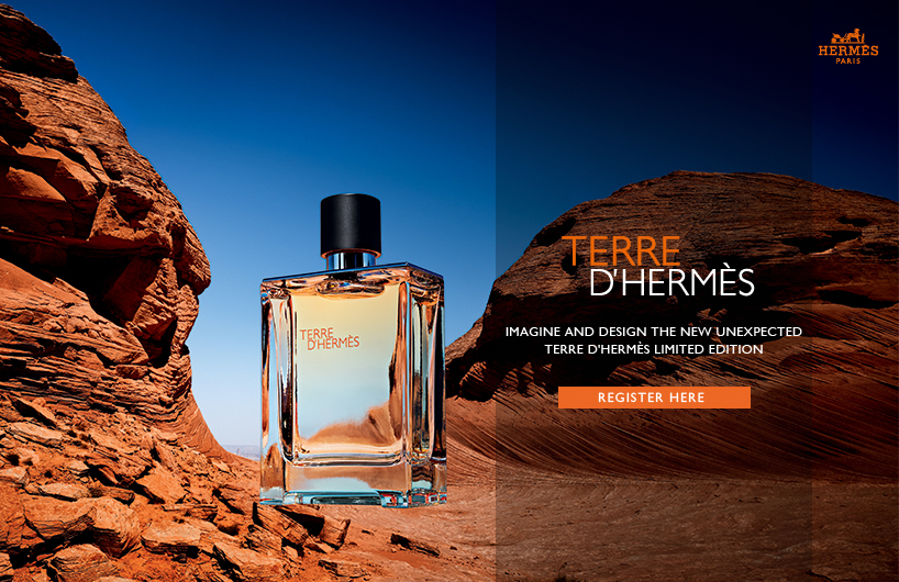 Hermès Terre d’Hermès print campaign presenting the bottle as a mineral, grounded object with restrained typography and elemental framing