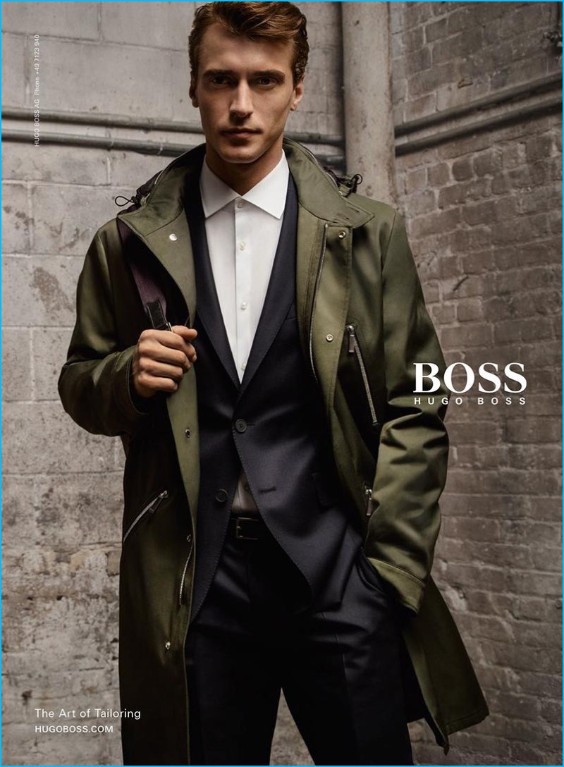 Hugo Boss men’s tailoring campaign image emphasizing structured suits, masculine posture, and disciplined authority