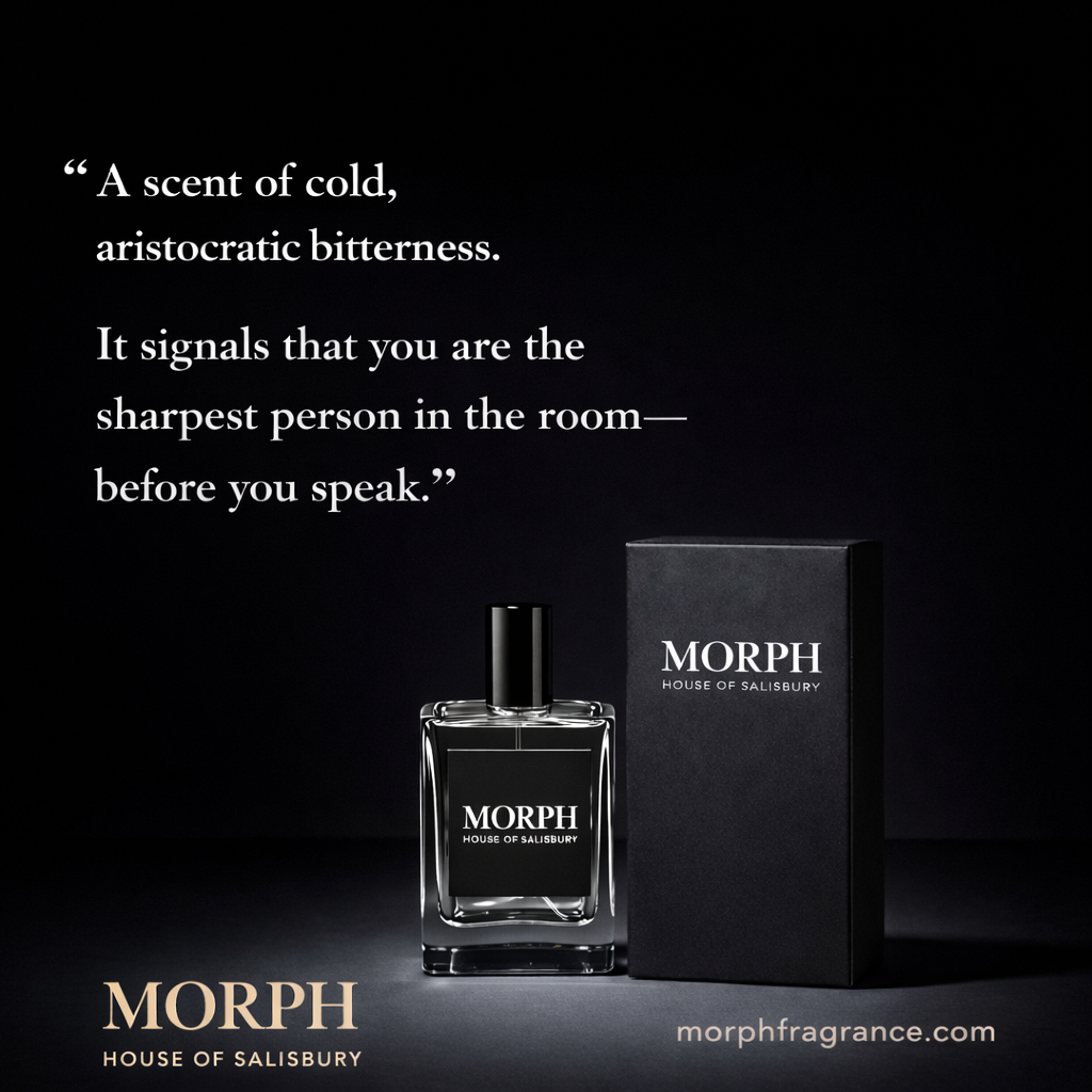 Studio print-style campaign image showing the MORPH House of Salisbury fragrance bottle beside its black presentation box on a dark background with a quoted headline