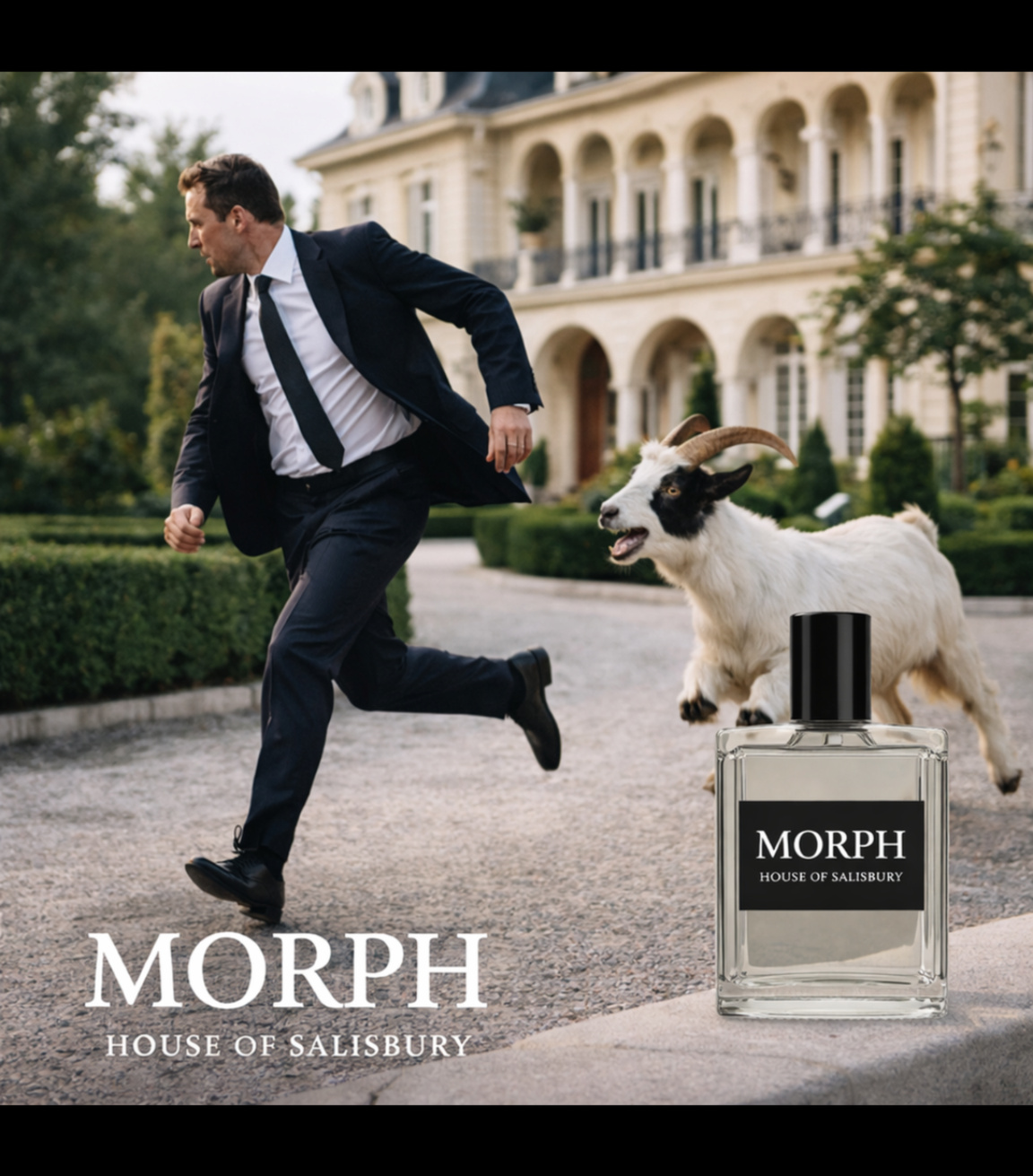 Surreal men’s fragrance campaign image showing a suited man running while a goat charges behind him, with a MORPH House of Salisbury bottle composited in the foreground