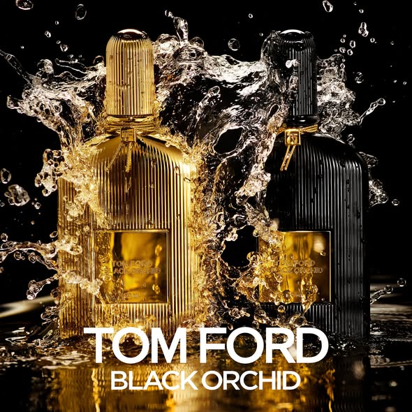 Tom Ford Black Orchid campaign image showing gold and black ribbed bottles surrounded by a dramatic liquid splash on a dark background