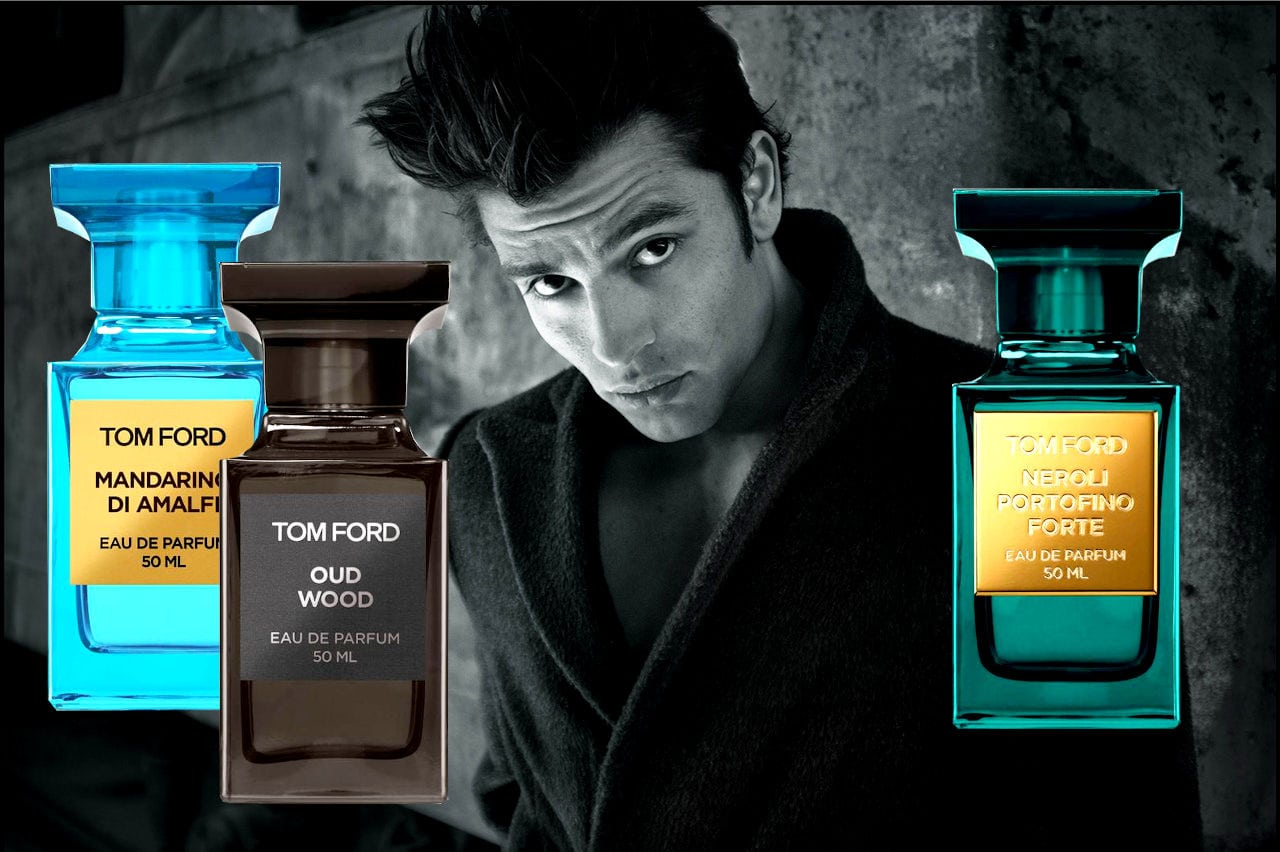 Tom Ford Private Blend fragrance bottles shown against a monochrome male portrait background, featuring Mandarin di Amalfi, Oud Wood, and Neroli Portofino Forte